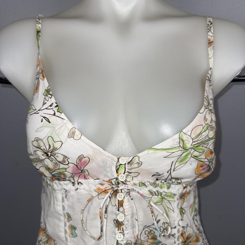 Guess Top Women's M Ivory Floral-Print Peplum Sleeveless Y2K Babydoll - Picture 2 of 11